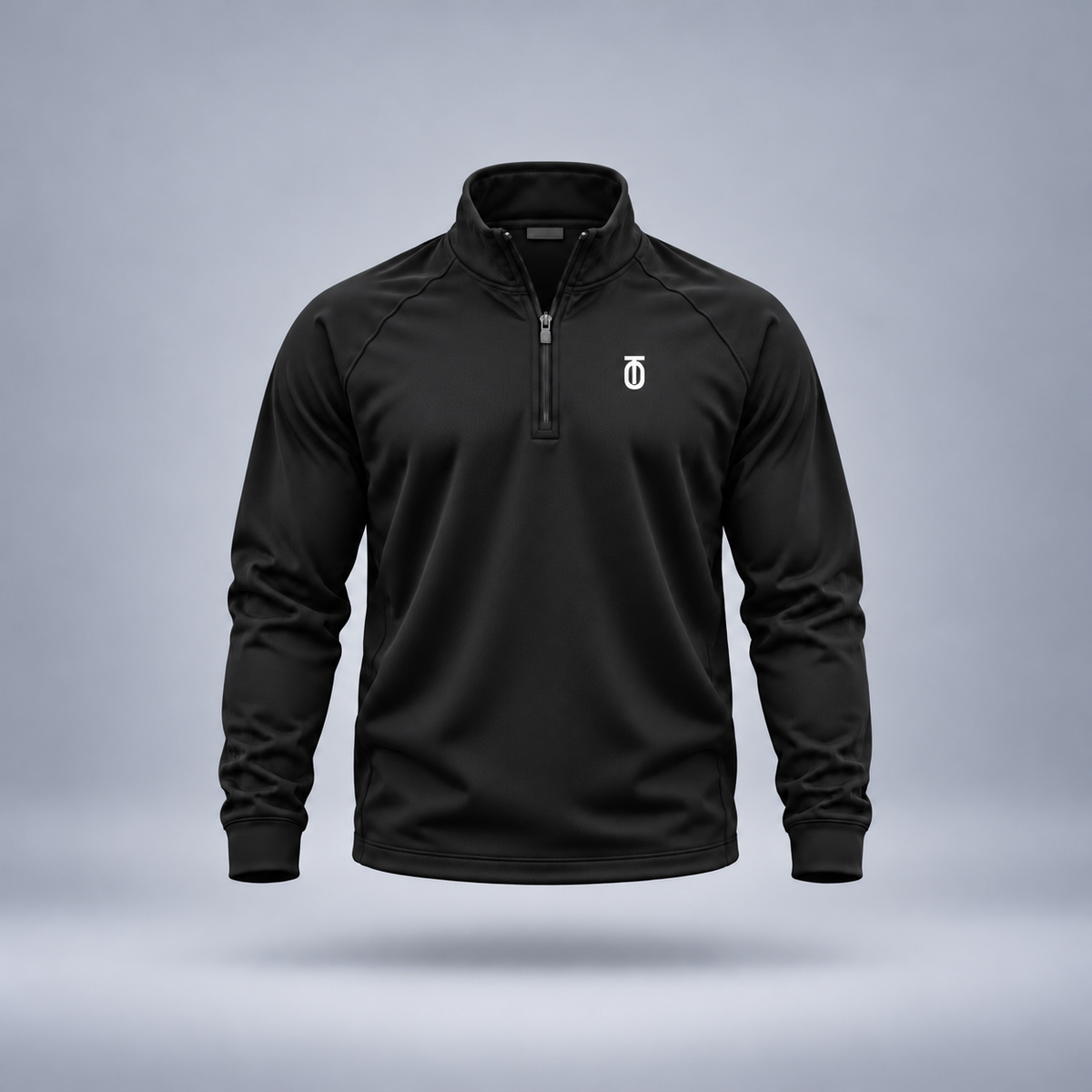 Take One Sportswear Performance Quarter-Zip Pullover in black, front view featuring a white TO monogram on the left chest, quarter-zip collar, and athletic fit.