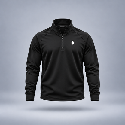 Take One Sportswear Performance Quarter-Zip Pullover in black, front view featuring a white TO monogram on the left chest, quarter-zip collar, and athletic fit.
