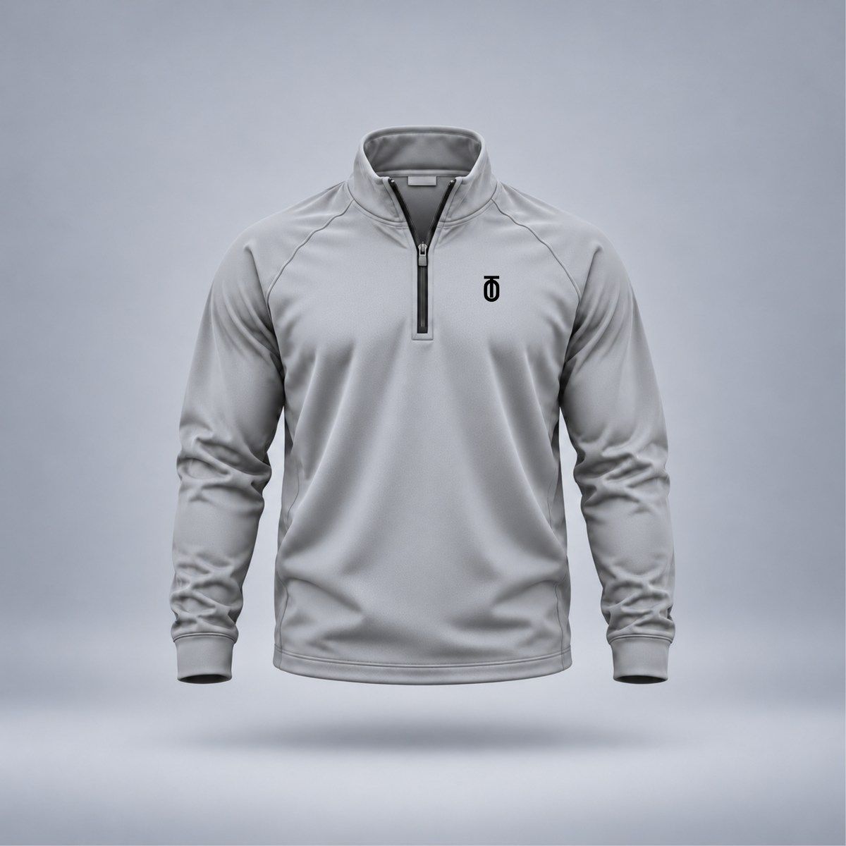 Take One Sportswear Performance Quarter-Zip Pullover in light grey, front view featuring a black TO monogram on the left chest, quarter-zip collar, and athletic fit.