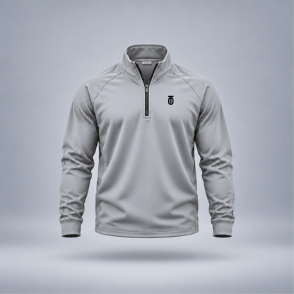 Take One Sportswear Performance Quarter-Zip Pullover in light grey, front view featuring a black TO monogram on the left chest, quarter-zip collar, and athletic fit.