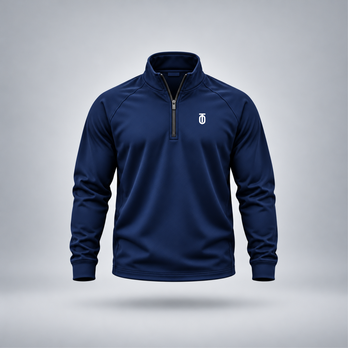 Take One Sportswear Performance Quarter-Zip Pullover in midnight navy, front view featuring a white TO monogram on the left chest, structured collar, and athletic fit.