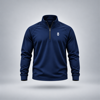 Take One Sportswear Performance Quarter-Zip Pullover in midnight navy, front view featuring a white TO monogram on the left chest, structured collar, and athletic fit.
