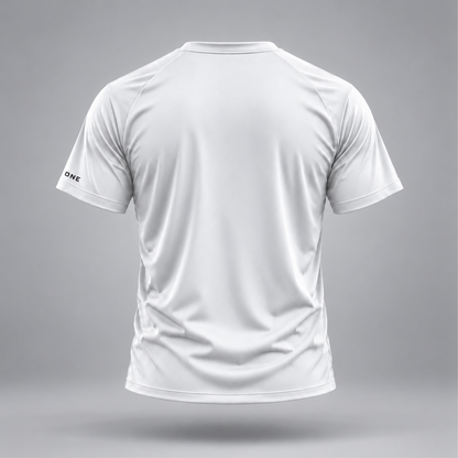 Take One Sportswear Performance Tee in white, back view featuring a clean white design, black ONE sleeve branding, and short sleeves.