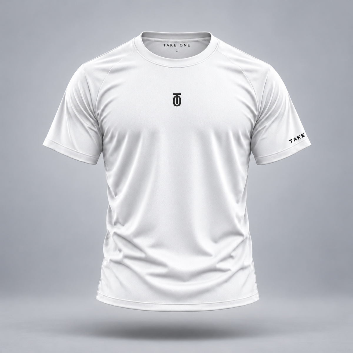 Take One Sportswear Performance Tee in white, front view featuring a black centered TO monogram, TAKE ONE sleeve branding, and athletic crewneck fit.