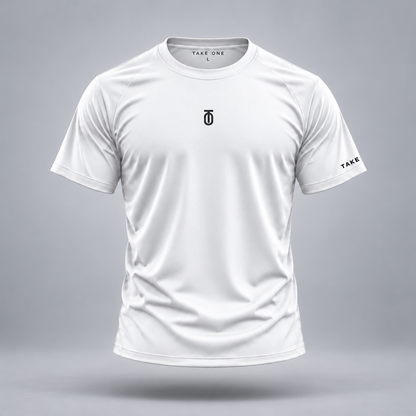 Take One Sportswear Performance Tee in white, front view featuring a black centered TO monogram, TAKE ONE sleeve branding, and athletic crewneck fit.
