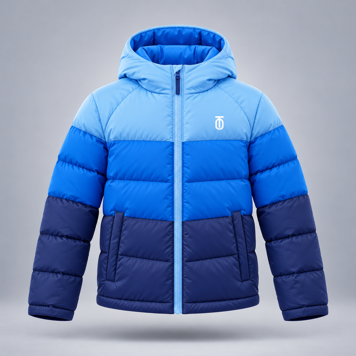 Take One Prism Kids' Color-Block Puffer Jacket by Take One Sportswear in Sky / Cobalt / Navy, front view.