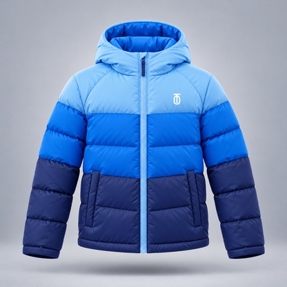 Take One Prism Kids' Color-Block Puffer Jacket by Take One Sportswear in Sky / Cobalt / Navy, front view.