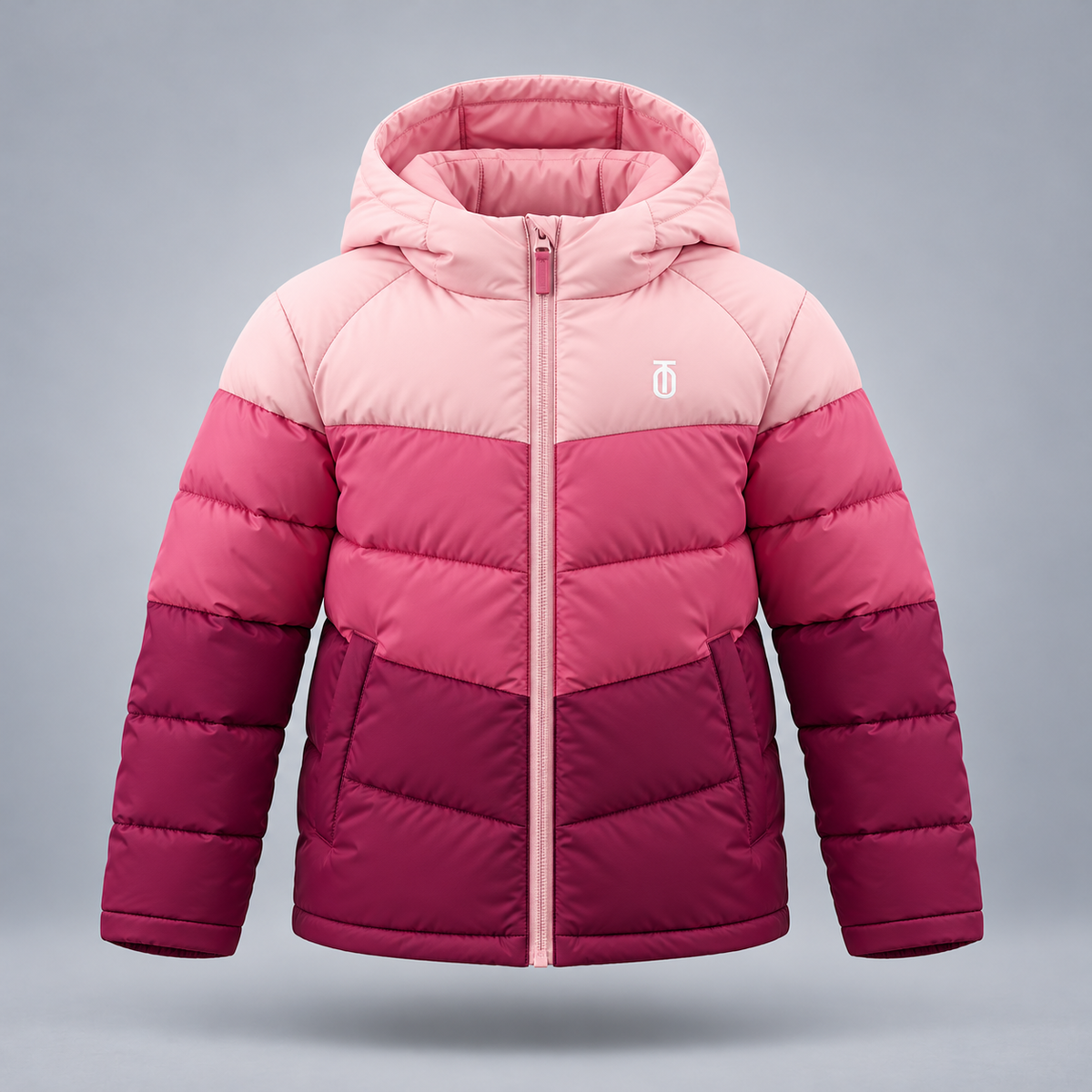 Take One Prism Kids' Color-Block Puffer Jacket by Take One Sportswear in Blush / Rose / Berry, front view.