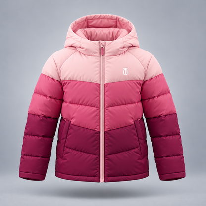 Take One Prism Kids' Color-Block Puffer Jacket by Take One Sportswear in Blush / Rose / Berry, front view.
