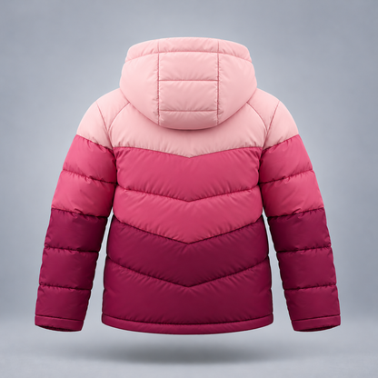 Take One Prism Kids' Color-Block Puffer Jacket by Take One Sportswear in Blush / Rose / Berry, back view.