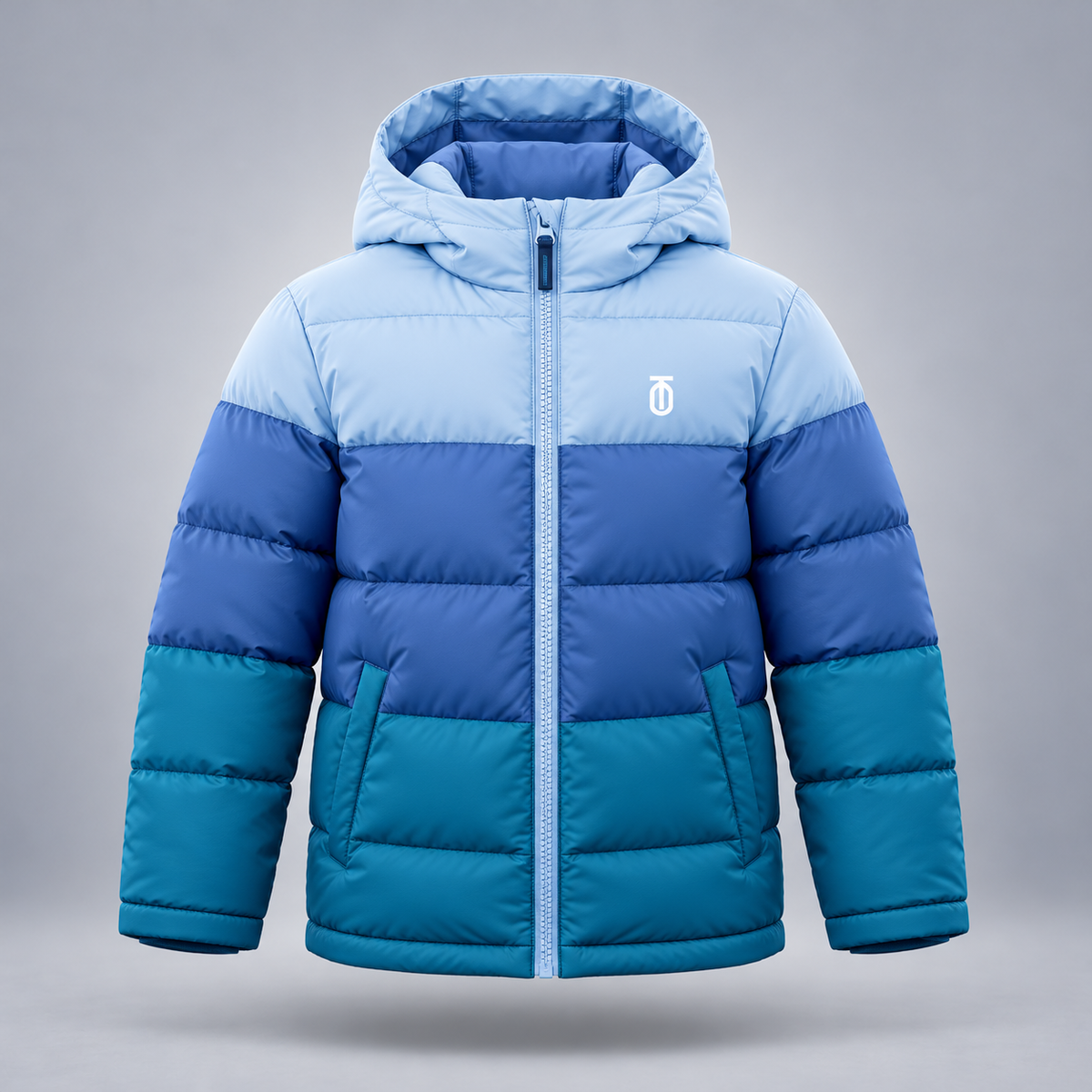 Take One Prism Kids' Color-Block Puffer Jacket by Take One Sportswear in Ice / Slate / Teal, front view.