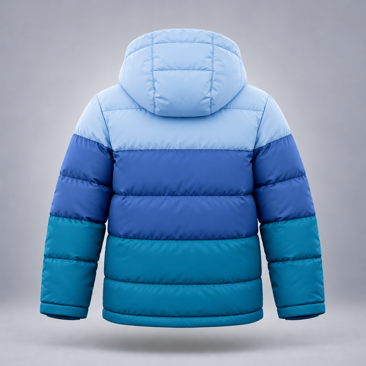 Take One Prism Kids' Color-Block Puffer Jacket by Take One Sportswear in Ice / Slate / Teal, back view.