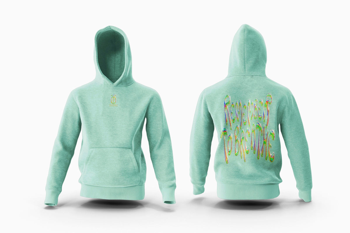 Front and back views of the grey and mint green Take One Sportswear Remember to Breathe kids pullover hoodie, featuring a small chest logo and colorful lettering on the back.