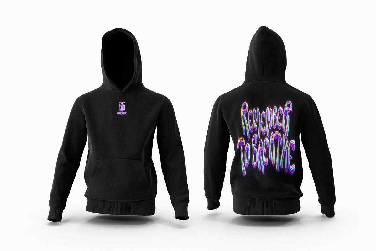 Front and back views of the black Take One Sportswear Remember to Breathe kids hoodie, with a small front logo and a colorful graphic on the back.