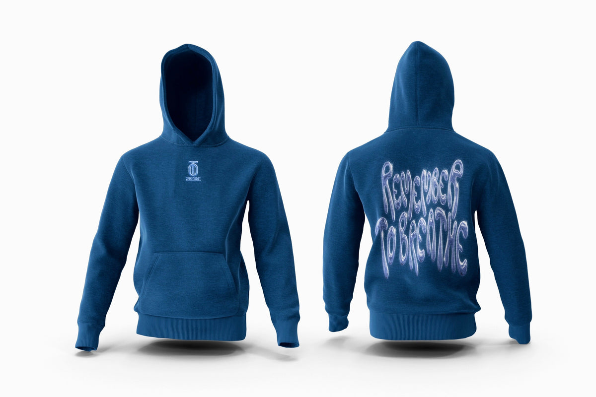 Front and back views of the blue Take One Sportswear Remember to Breathe kids pullover hoodie, featuring a front logo and multicolored back graphic.