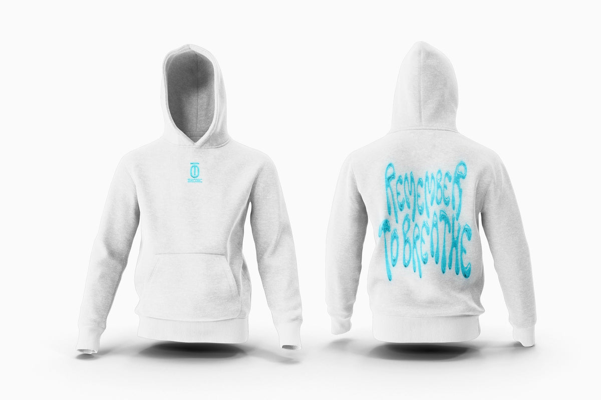 White Take One Sportswear Remember to Breathe kids hoodie shown from the front and back, with a small chest logo and aqua lettering on the back.