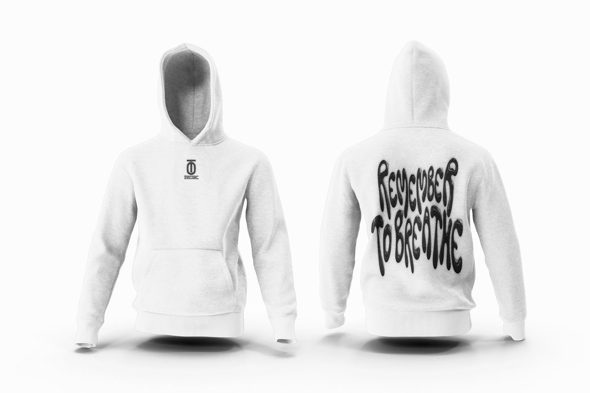 White Take One Sportswear Remember to Breathe kids hoodie shown from the front and back, with a small chest logo and black lettering on the back.