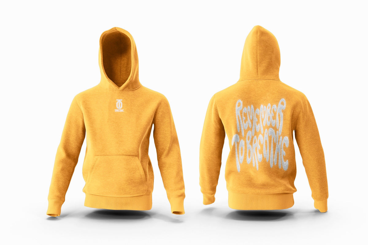 Front and back views of the yellow Take One Sportswear Remember to Breathe kids hoodie, featuring a small chest logo and colorful lettering on the back.