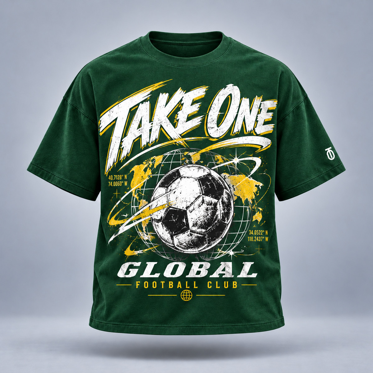Take One Global Football Club Graphic Tee by Take One Sportswear in Forest Green, front view featuring retro football-club typography and TO sleeve branding.