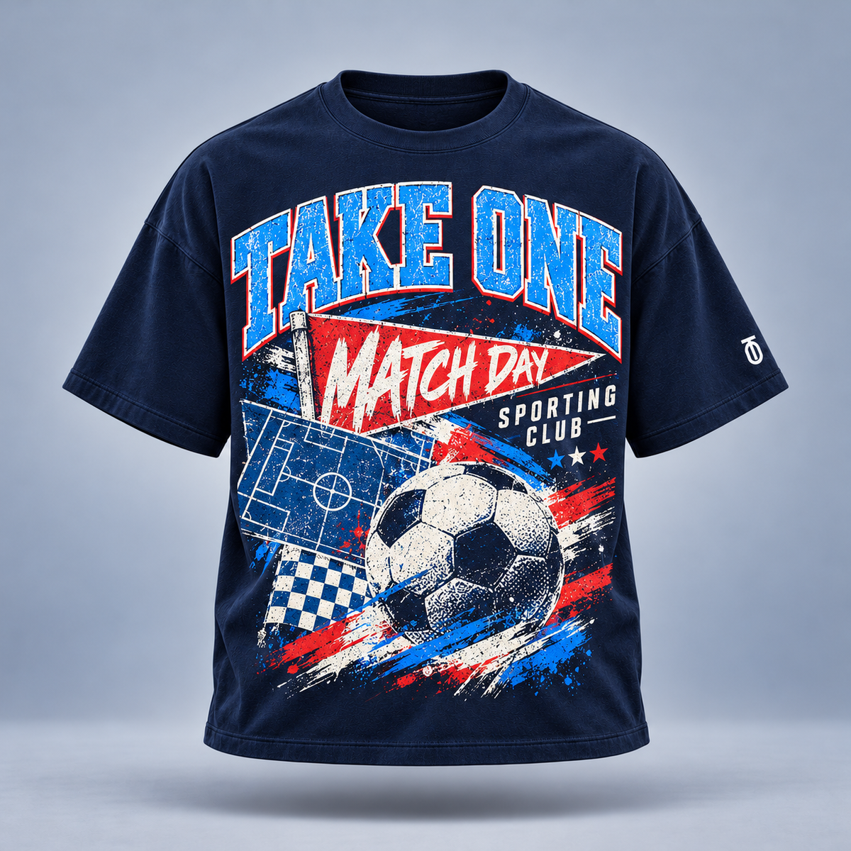 Take One Match Day Graphic Tee by Take One Sportswear in Midnight Navy, front view with match-day pennants and sporting-club graphics and TO sleeve branding.