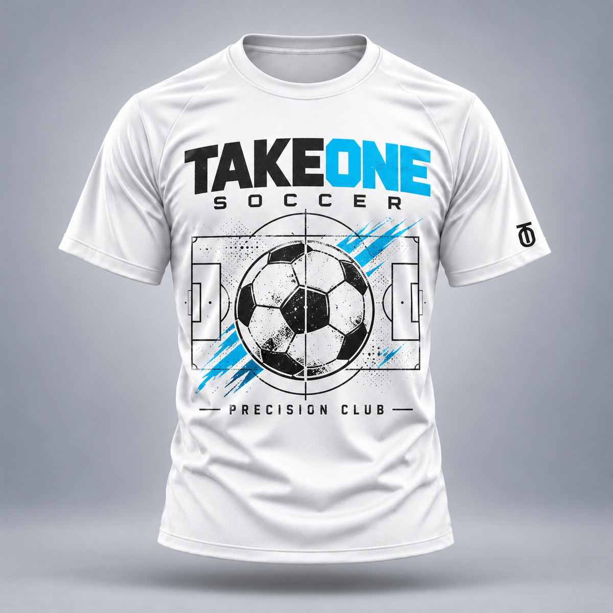 Take One Precision Club Performance Graphic Tee by Take One Sportswear in White, front view featuring soccer-ball crest and precise pitch geometry and TO sleeve branding.