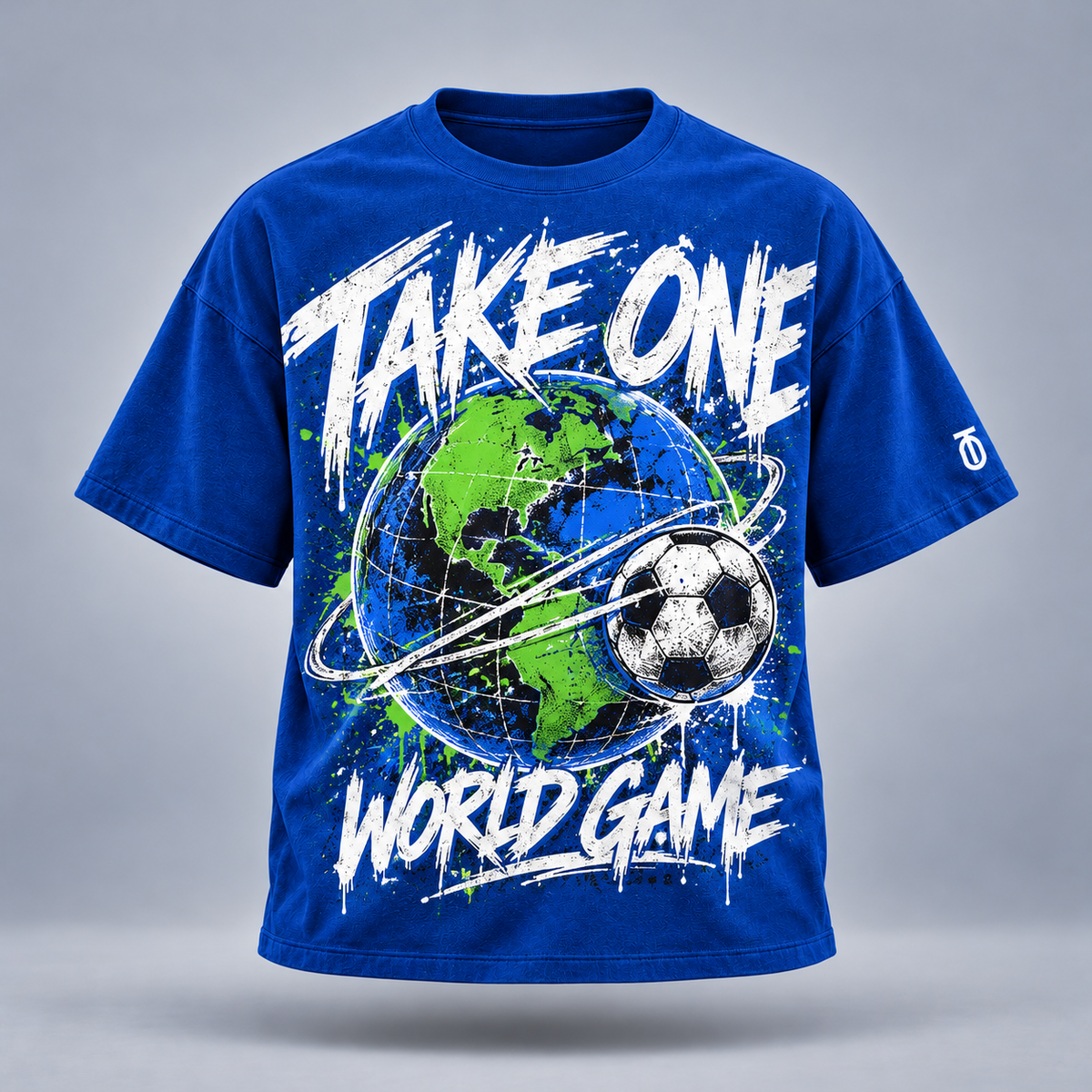 Take One World Game Graphic Tee by Take One Sportswear in Royal Blue, front view featuring globe artwork celebrating soccer culture and TO sleeve branding.