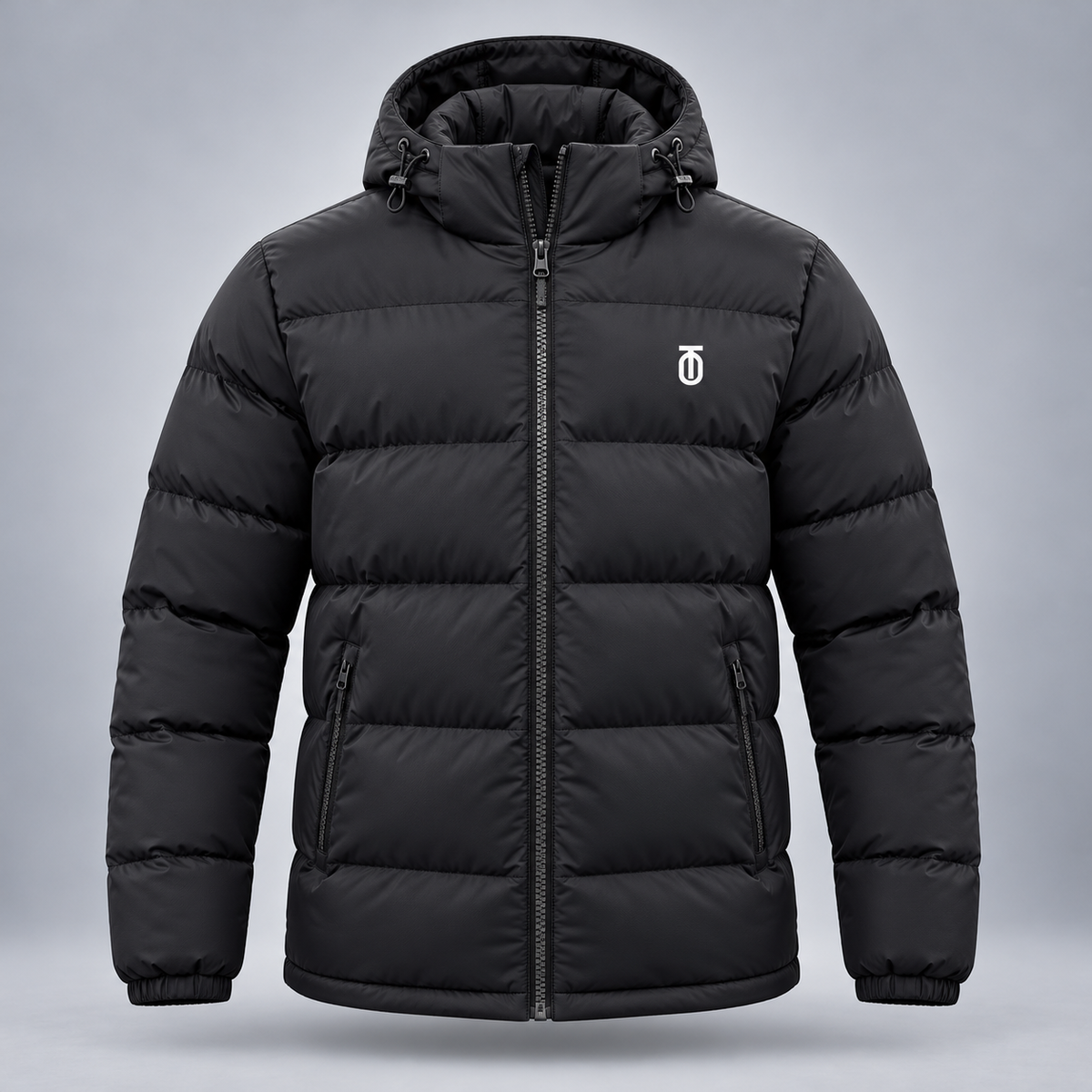 Take One Stratum Men's Hooded Puffer Jacket by Take One Sportswear in Black, front view.