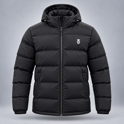 Take One Stratum Men's Hooded Puffer Jacket by Take One Sportswear in Black, front view.
