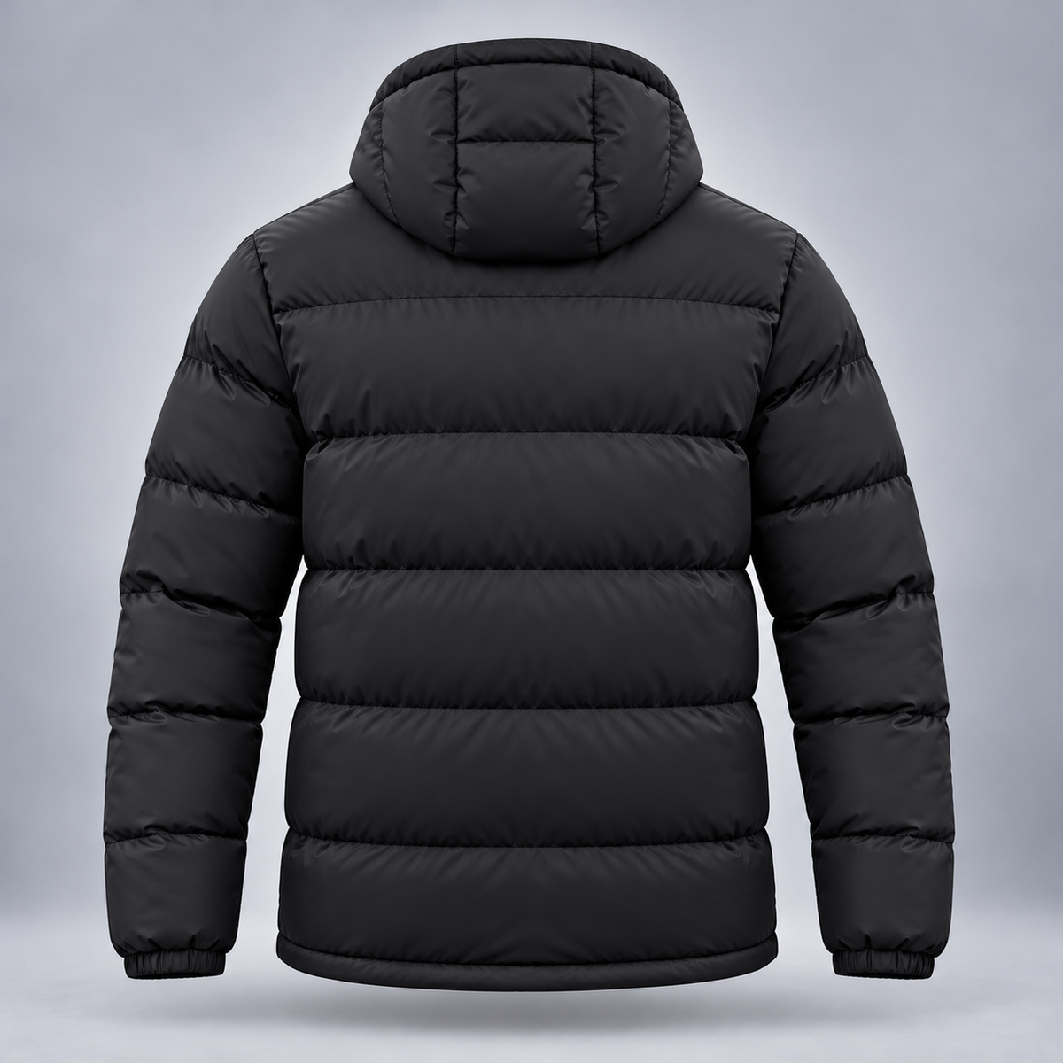 Take One Stratum Men's Hooded Puffer Jacket by Take One Sportswear in Black, back view.