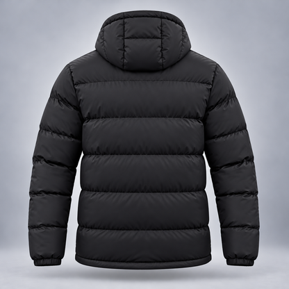 Take One Stratum Men's Hooded Puffer Jacket by Take One Sportswear in Black, back view.