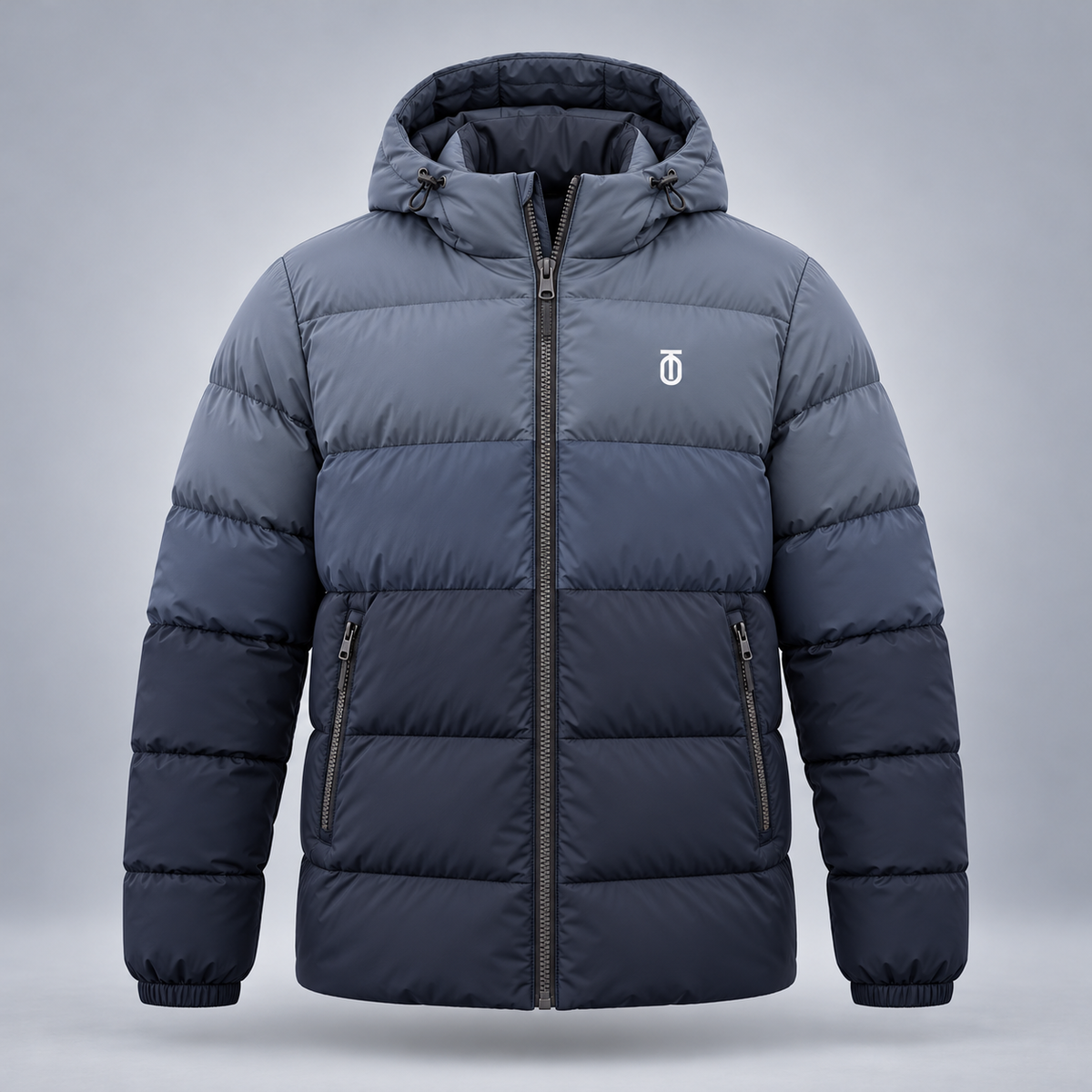 Take One Stratum Men's Hooded Puffer Jacket by Take One Sportswear in Slate, front view.