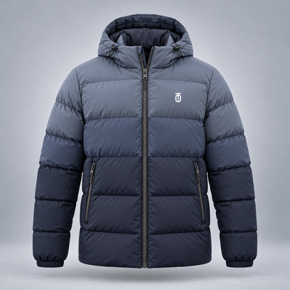 Take One Stratum Men's Hooded Puffer Jacket by Take One Sportswear in Slate, front view.