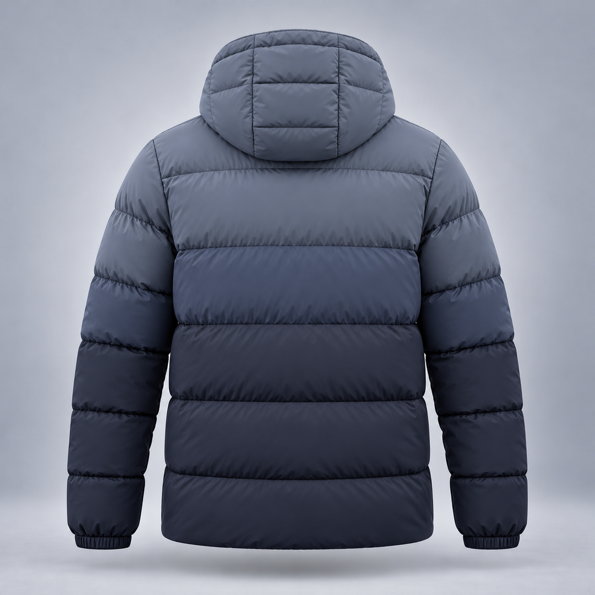 Take One Stratum Men's Hooded Puffer Jacket by Take One Sportswear in Slate, back view.