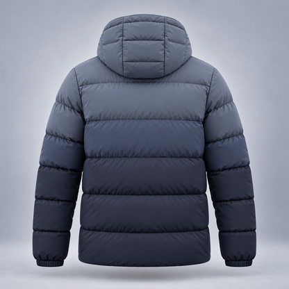 Take One Stratum Men's Hooded Puffer Jacket by Take One Sportswear in Slate, back view.