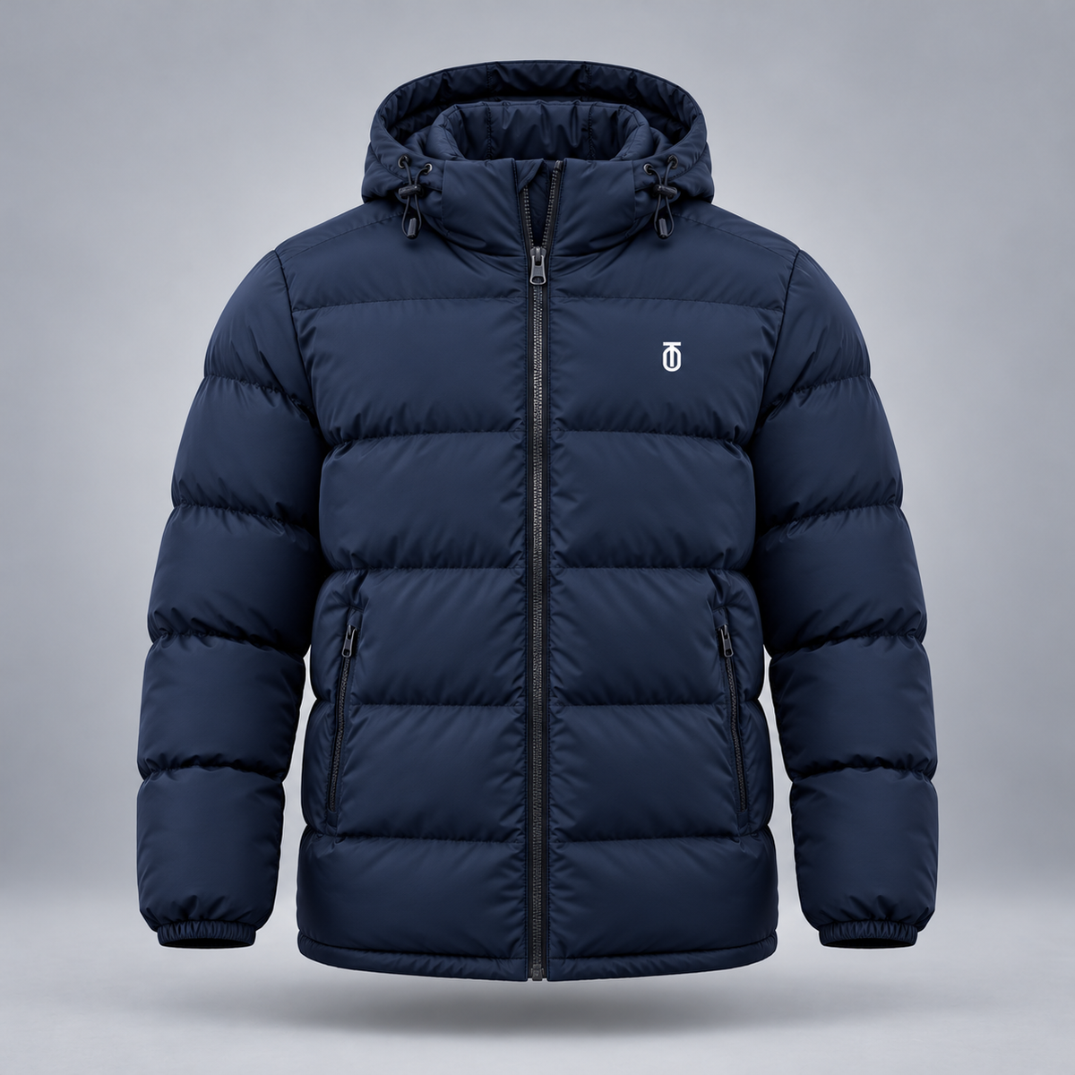 Take One Stratum Men's Hooded Puffer Jacket by Take One Sportswear in Midnight Navy, front view.