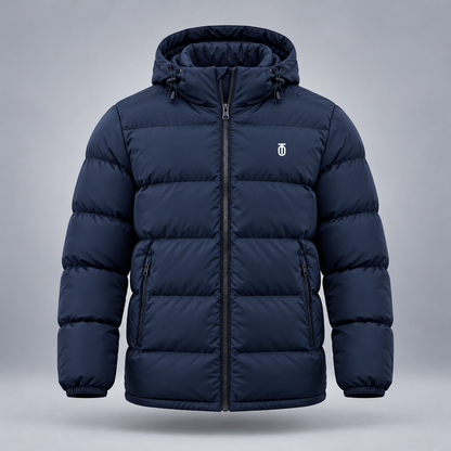Take One Stratum Men's Hooded Puffer Jacket by Take One Sportswear in Midnight Navy, front view.