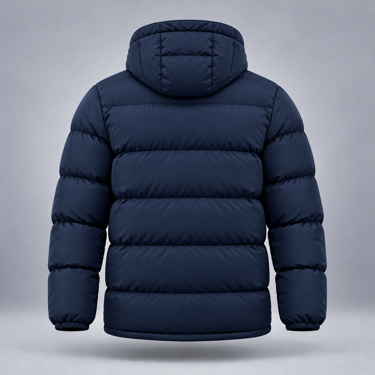 Take One Stratum Men's Hooded Puffer Jacket by Take One Sportswear in Midnight Navy, back view.