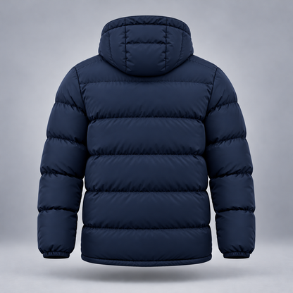 Take One Stratum Men's Hooded Puffer Jacket by Take One Sportswear in Midnight Navy, back view.