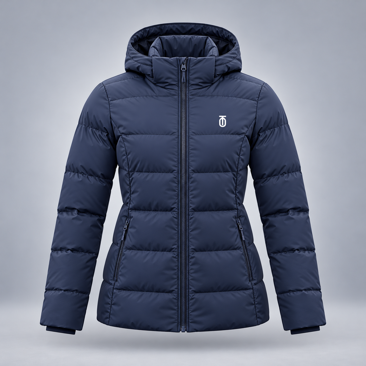 Take One Stratum Women's Hooded Puffer Jacket by Take One Sportswear in Midnight Navy, front view.
