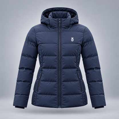 Take One Stratum Women's Hooded Puffer Jacket by Take One Sportswear in Midnight Navy, front view.
