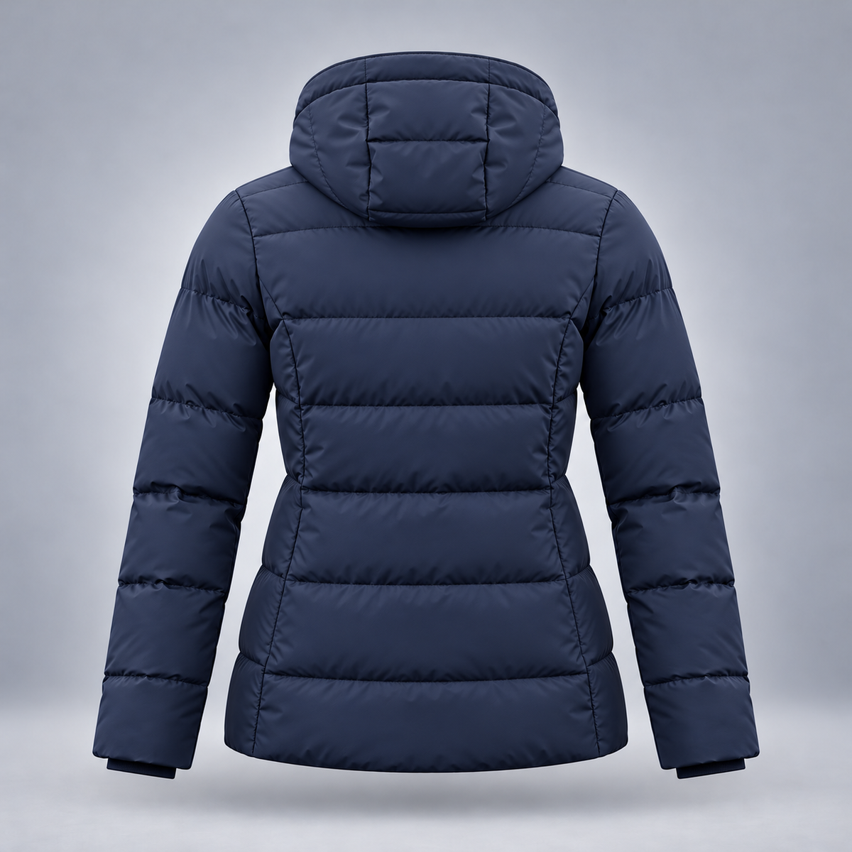 Take One Stratum Women's Hooded Puffer Jacket by Take One Sportswear in Midnight Navy, back view.