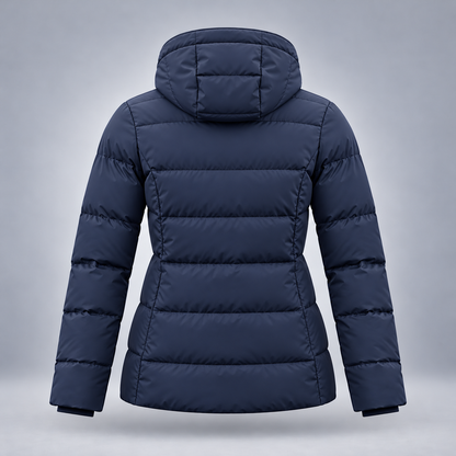 Take One Stratum Women's Hooded Puffer Jacket by Take One Sportswear in Midnight Navy, back view.