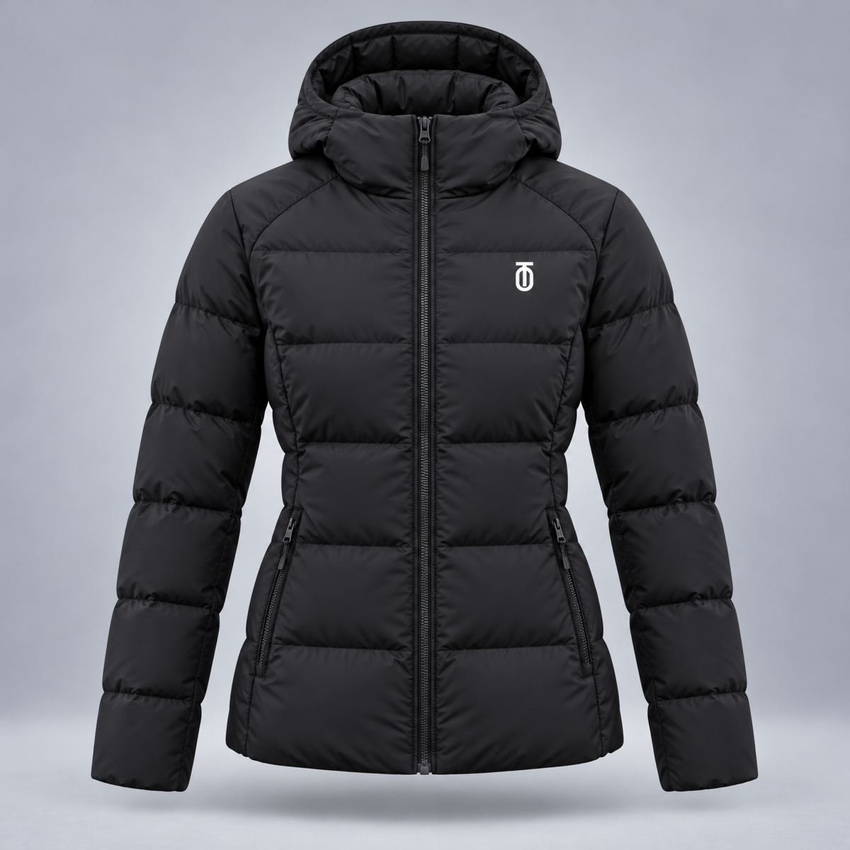 Take One Stratum Women's Hooded Puffer Jacket by Take One Sportswear in Black, front view.