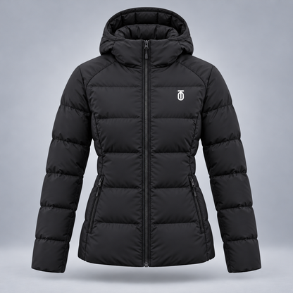 Take One Stratum Women's Hooded Puffer Jacket by Take One Sportswear in Black, front view.