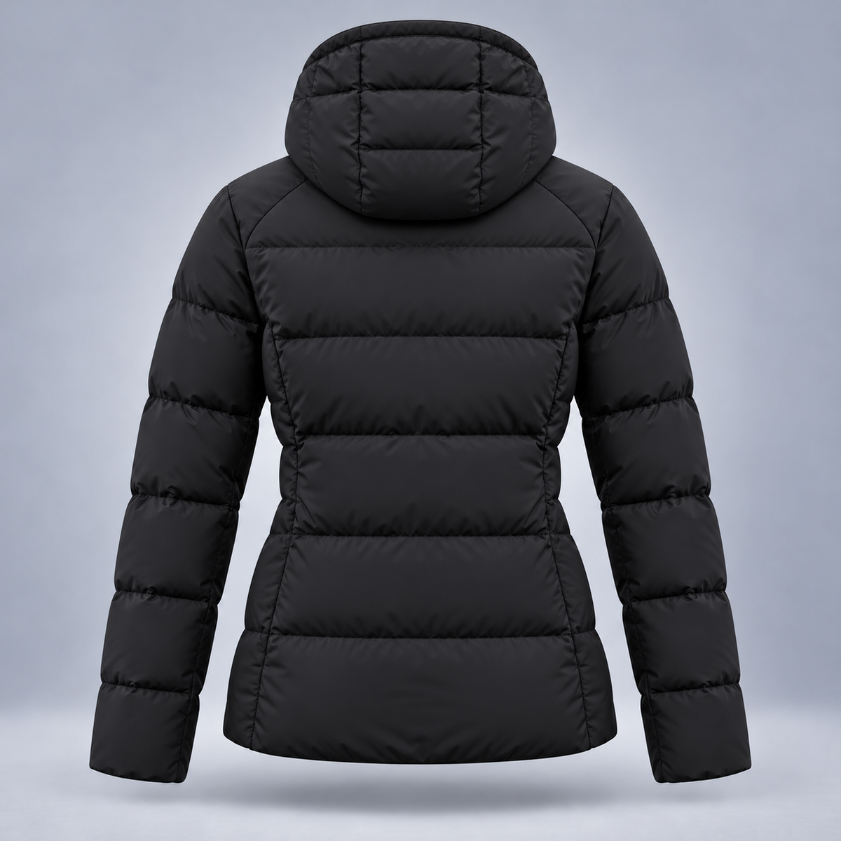 Take One Stratum Women's Hooded Puffer Jacket by Take One Sportswear in Black, back view.