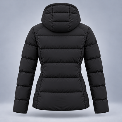 Take One Stratum Women's Hooded Puffer Jacket by Take One Sportswear in Black, back view.