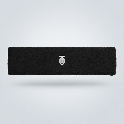 Black athletic headband featuring the white Take One Sportswear logo on the front. Neutral grey studio background with a subtle floating shadow.