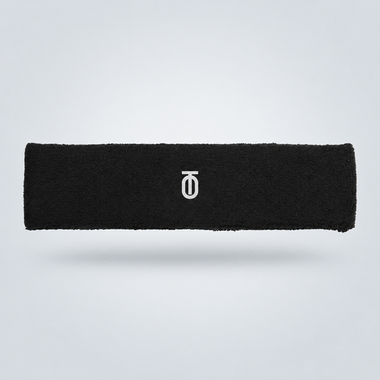 Black athletic headband featuring the white Take One Sportswear logo on the front. Neutral grey studio background with a subtle floating shadow.