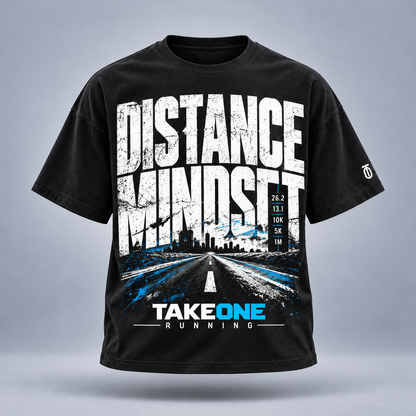 Take One Distance Mindset Graphic Tee by Take One Sportswear in Black, front view featuring bold distance-running typography and TO sleeve branding.