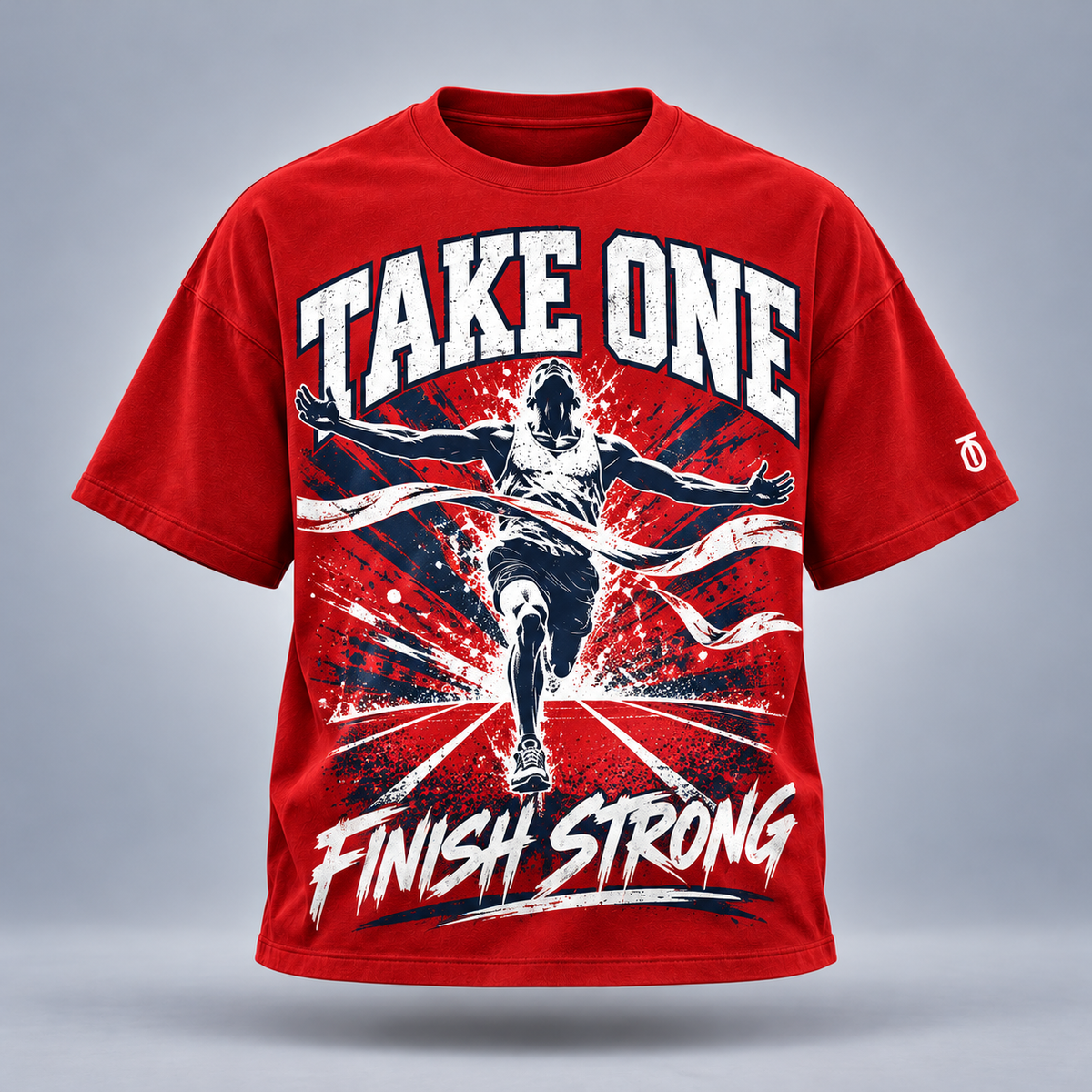 Take One Finish Strong Graphic Tee by Take One Sportswear in Red, front view featuring original finish-line runner artwork and TO sleeve branding.